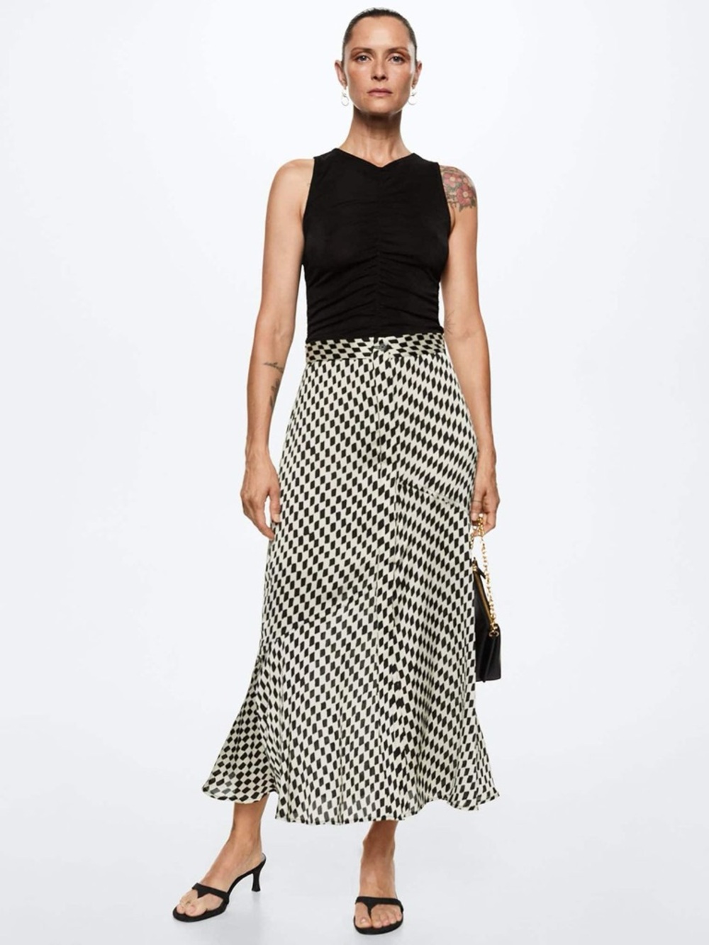 Mango Black & Cream Geometric Midi Skirt